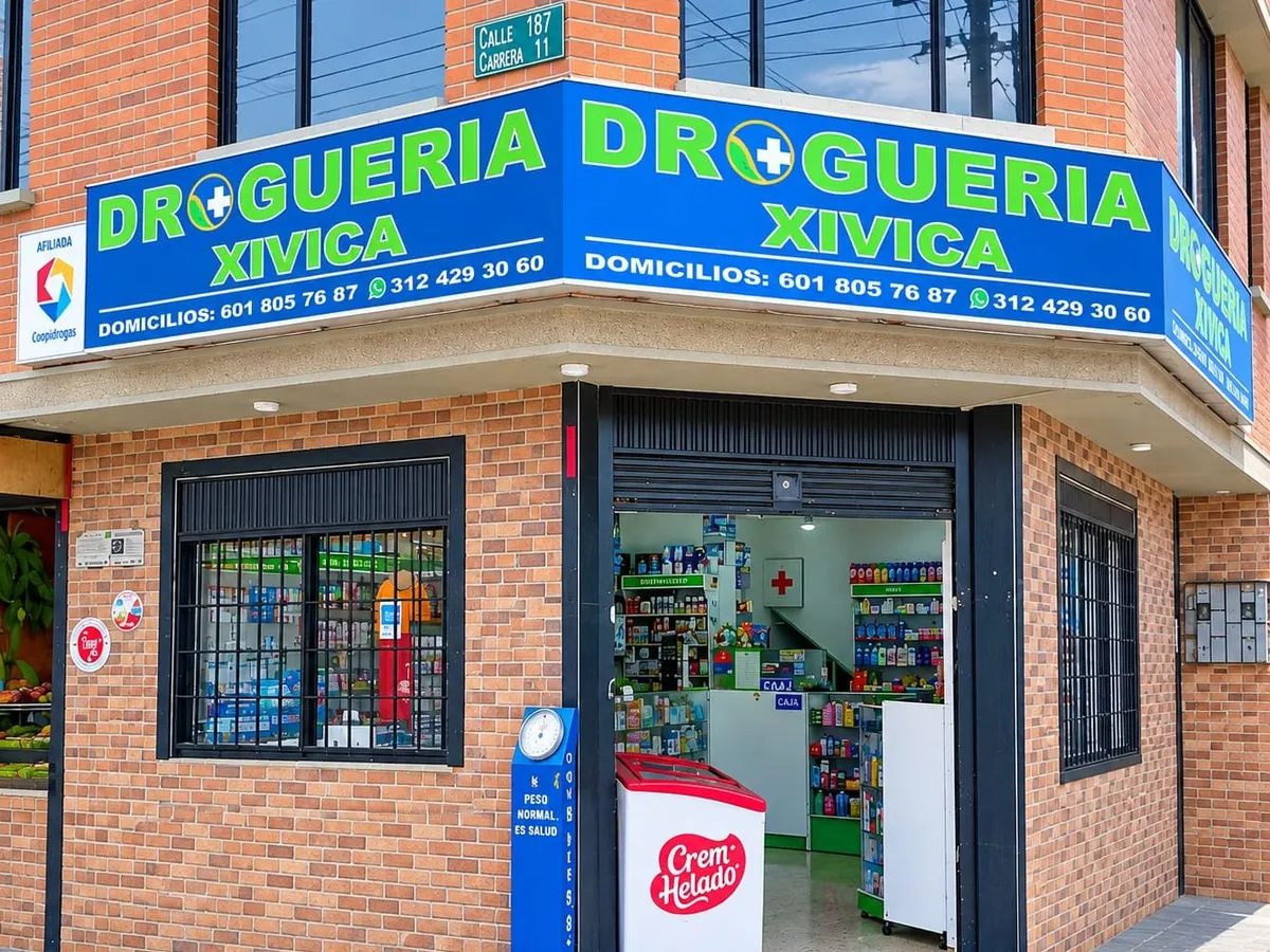 Fachada de la sede Verbenal: aviso azul de Droguería Xivica en la esquina de la tienda, en un local de ladrillo con la puerta de vidrio abierta